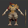 Fantasy Creature Character With Red Crested Hat Gold Decorations Beige Outfit Clawed Feet And Staff