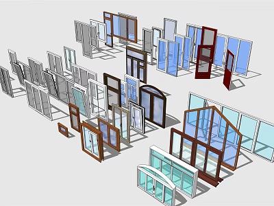 Various Styles Of Doors And Windows With Wooden Frames And Glass Panels 3d model