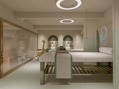 Modern Spa Room Interior With Massage Bed Round Lights Arch Windows And Giraffe Decor 3d model