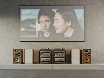 Modern Television Displaying Two People Scene With Speakers And Audio Equipment In Living Room 3d model