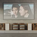 Modern Television Displaying Two People Scene With Speakers And Audio Equipment In Living Room