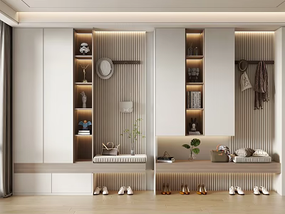 Modern Entryway Shoe Cabinet With Open Shelves Hanging Hooks Bench And Decorative Plants 3d model