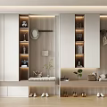 Modern Entryway Shoe Cabinet With Open Shelves Hanging Hooks Bench And Decorative Plants