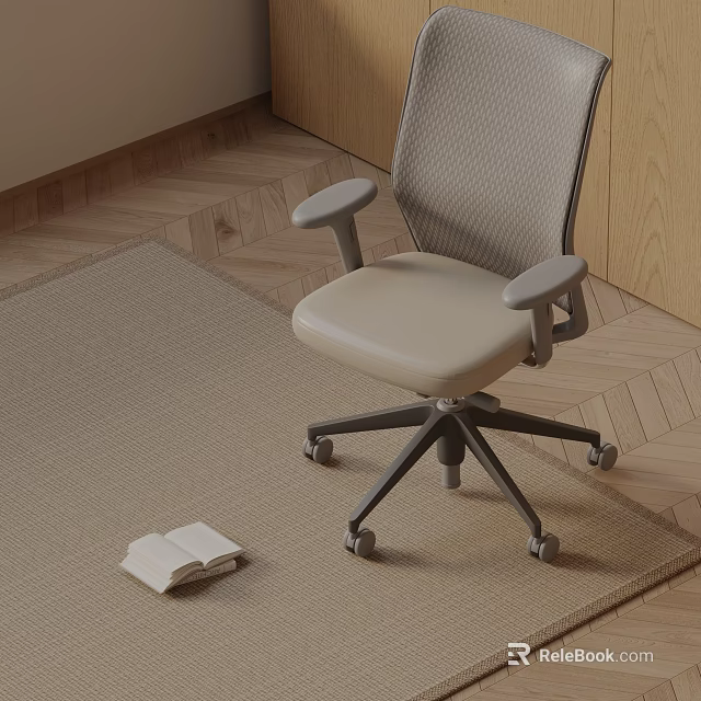 Light Gray Mesh Back Office Chair With Armrests Black Casters On Wooden Floor Rug 3d model 