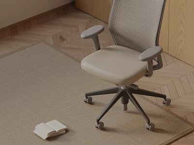Light Gray Mesh Back Office Chair With Armrests Black Casters On Wooden Floor Rug 3d model