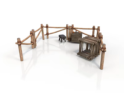 Rustic Wooden Fence Structure With Ropes Small Stool And Crate 3d model