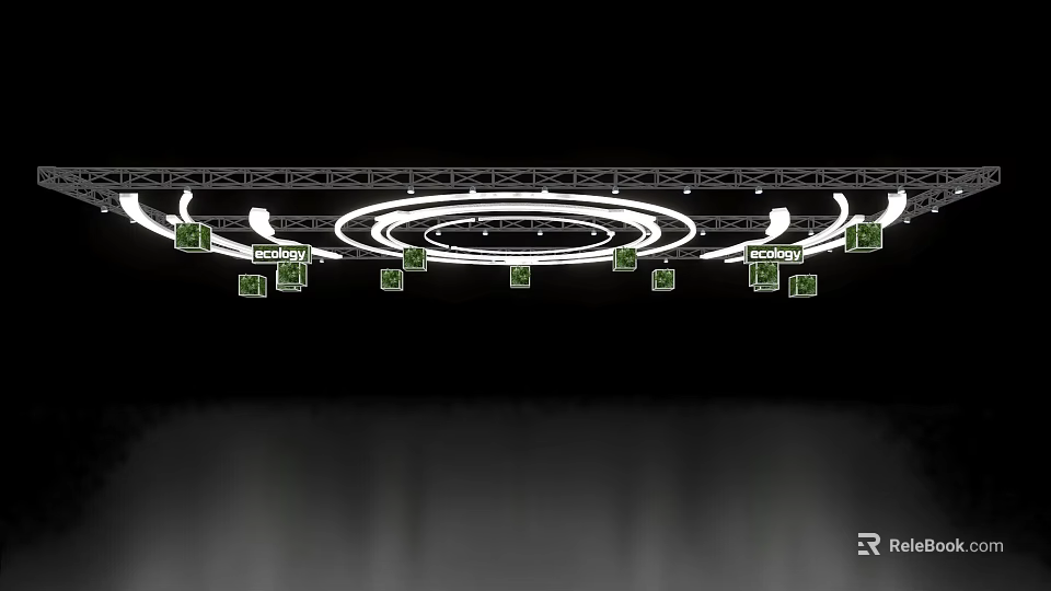 Exhibition Hall Ceiling Design With Metal Framework Circular Lighting And Display Panels 3d model 