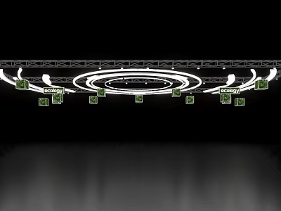 Exhibition Hall Ceiling Design With Metal Framework Circular Lighting And Display Panels 3d model
