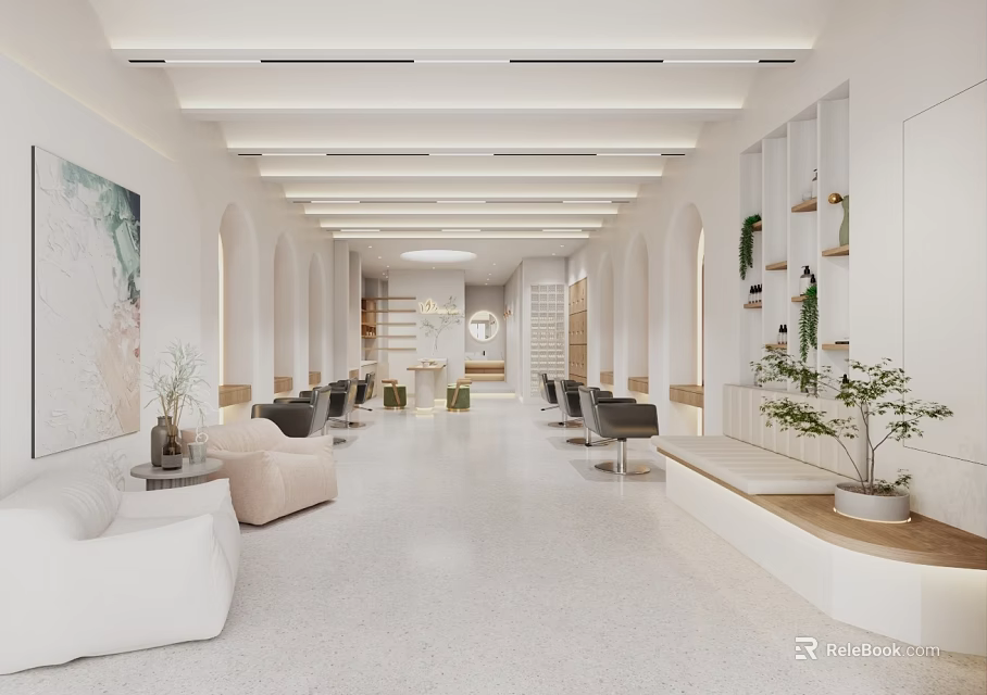 Modern Beauty Hair Salon Interior With Styling Chairs And Waiting Lounge Plants 3d model 