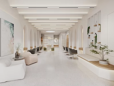 Modern Beauty Hair Salon Interior With Styling Chairs And Waiting Lounge Plants 3d model