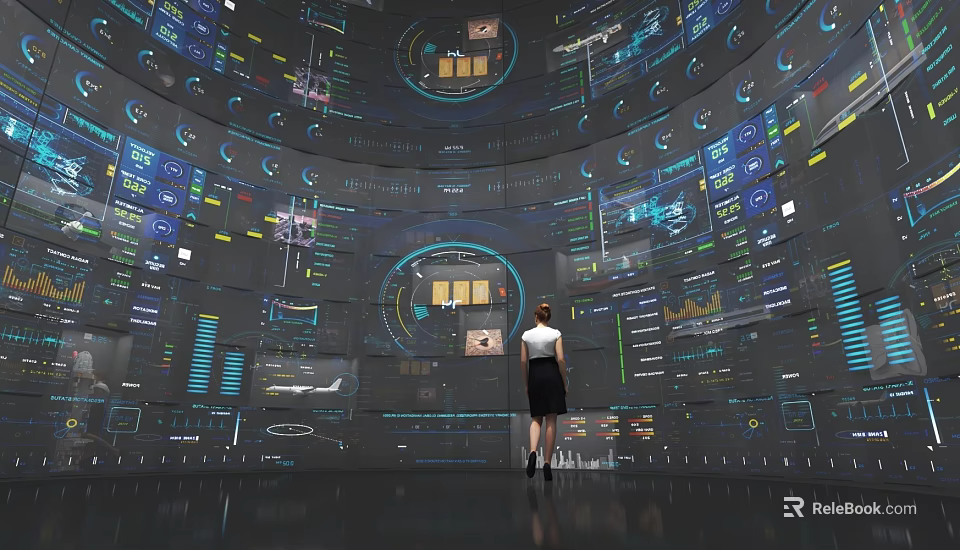 Woman Observing Digital Data Display On Large Curved Screen With Charts And Interface 3d model 