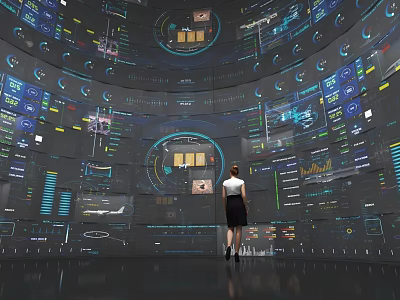 Woman Observing Digital Data Display On Large Curved Screen With Charts And Interface 3d model