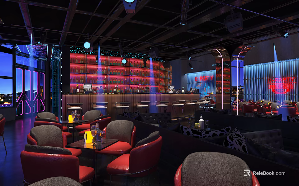 Modern Bar Interior Design With Red Leather Seats Bar Counter And Lighting Decor 3d model 