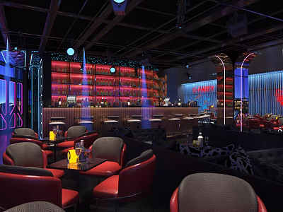 Modern Bar Interior Design With Red Leather Seats Bar Counter And Lighting Decor 3d model