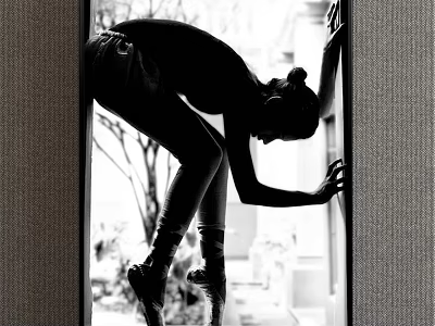 Person Silhouette by Window Bending Leaning on Frame with Tree Background in Black and White 3d model