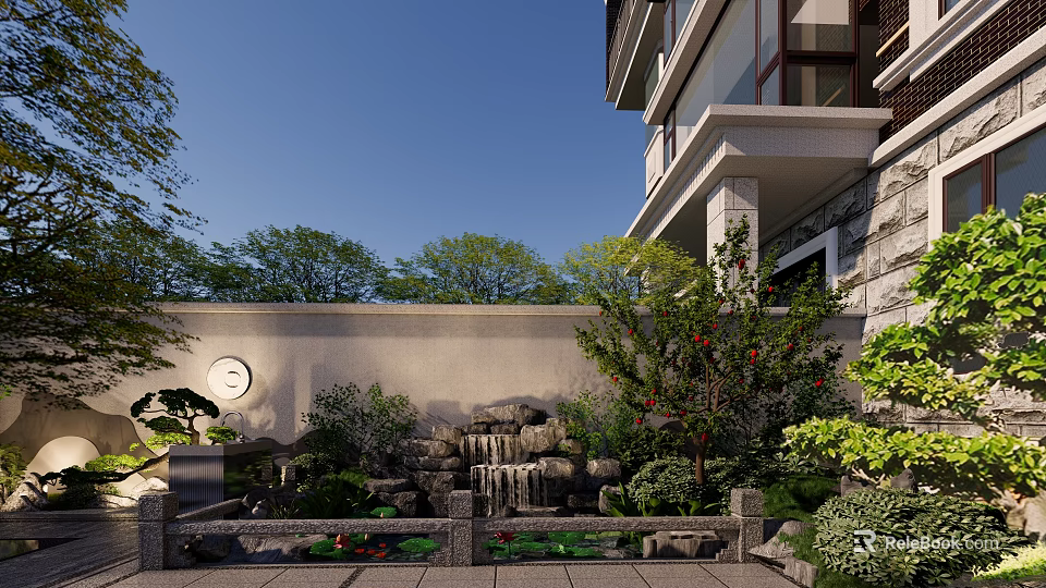 Traditional Chinese Garden Landscape with Rockery Waterfall Circular Window Stone Wall and Green Plants 3d model 
