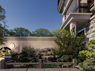 Traditional Chinese Garden Landscape with Rockery Waterfall Circular Window Stone Wall and Green Plants 3d model