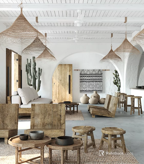 Hotel Public Lounge Area With Woven Pendant Lights Cacti Black White Tapestry And Wooden Furniture 3d model 