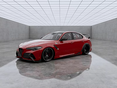 Red Sports Sedan With Rear Spoiler And Large Wheels In Indoor Studio 3d model