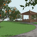 Garden Landscape With Wooden Pavilion Red Bridge Stone Path Wooden Fence And Orange Trees
