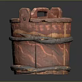 Traditional Red Brown Wooden Bucket With Lid Handle And Decorative Patterns