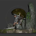 Elderly Figure with Large Mushroom Cap and Small Creatures in Rocky Mossy Setting with Staff
