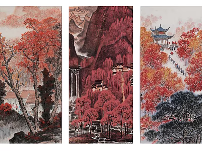 Traditional Chinese Landscape Painting With Red Autumn Trees Mountains And Pavilion 3d model
