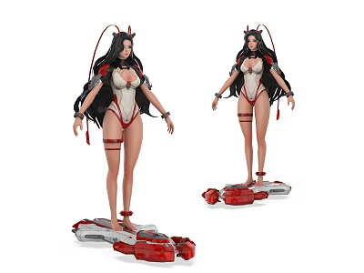 Game And Movie Character With Long Black Hair White Red Outfit On Futuristic Hoverboard 3d model