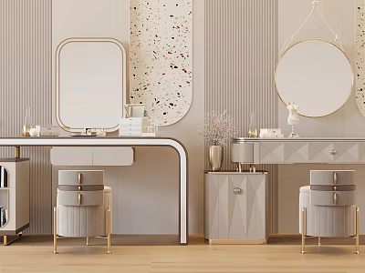 Elegant Light-colored Dressing Table Interior With Round Mirror Velvet Chair And Decorative Items 3d model