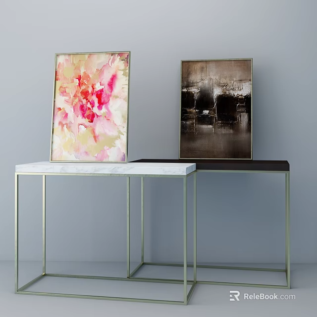 Elegant Modern Console Table With Metal Frame Marble Top And Abstract Paintings 3d model 
