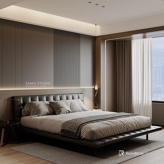 Modern Bedroom Interior With Leather Headboard LED Strip Lighting And City View 3d model 