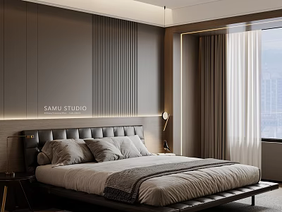 Modern Bedroom Interior With Leather Headboard LED Strip Lighting And City View 3d model