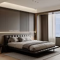 Modern Bedroom Interior With Leather Headboard LED Strip Lighting And City View