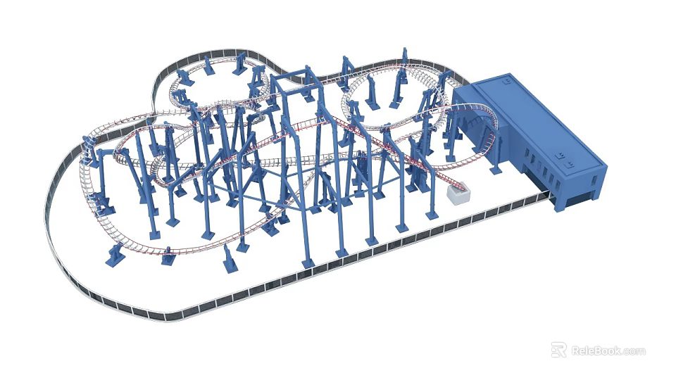 Thrilling Roller Coaster With Complex Track And Blue Support Structures In Amusement Park 3d model