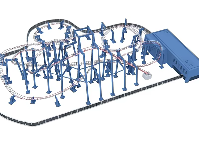 Thrilling Roller Coaster With Complex Track And Blue Support Structures In Amusement Park 3d model