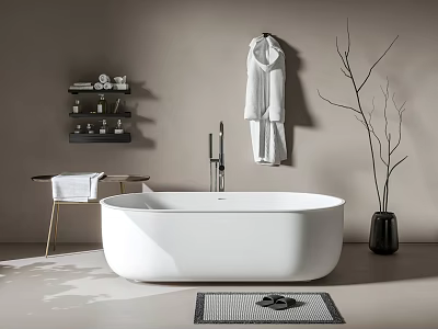 White Freestanding Bathtub In Modern Bathroom With Bathrobe Black Vase And Decorative Twigs 3d model