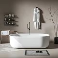 White Freestanding Bathtub In Modern Bathroom With Bathrobe Black Vase And Decorative Twigs