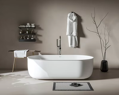 White Freestanding Bathtub In Modern Bathroom With Bathrobe Black Vase And Decorative Twigs 3d model