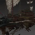 Ancient Sailing Ship Water Transport With Wooden Masts Canvas Sails And Oars Design