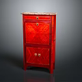 Red Wooden Cabinet With Marble Top Drawer And Golden Handles