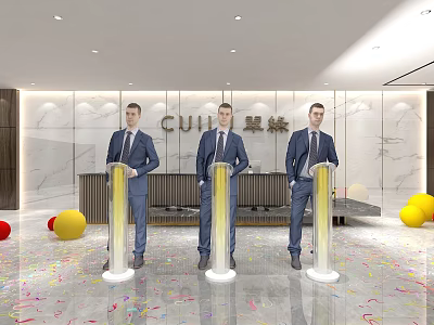 Grand Celebration Scene With Three Men In Suits CUIJI Sign Illuminated Pillars Balloons And Confetti 3d model