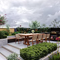Serene Outdoor Garden Patio With Gray Sofa Dining Table And Lush Green Vines