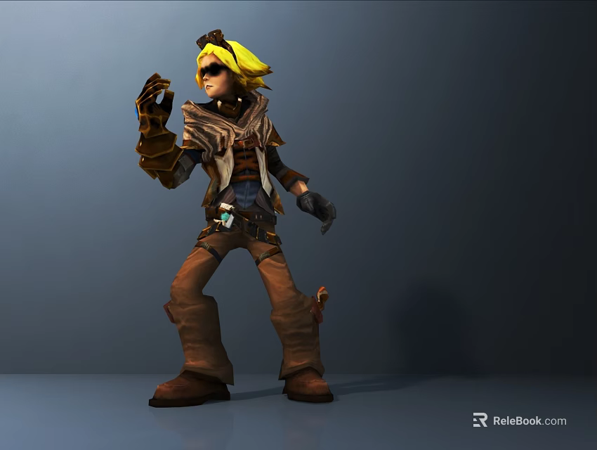 Adventurous Game Movie Character With Blonde Hair Goggles And Brown Leather Outfit 3d model 