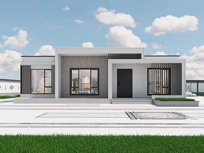 Modern Detached Villa Exterior With Large Windows Black Door Front Steps And Green Lawn 3d model