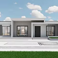 Modern Detached Villa Exterior With Large Windows Black Door Front Steps And Green Lawn