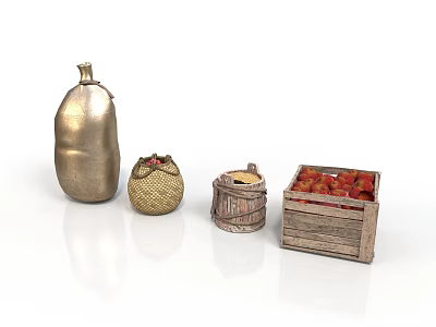 Vintage Metal Bottle Woven Basket Wooden Barrel And Crate With Strawberries 3d model