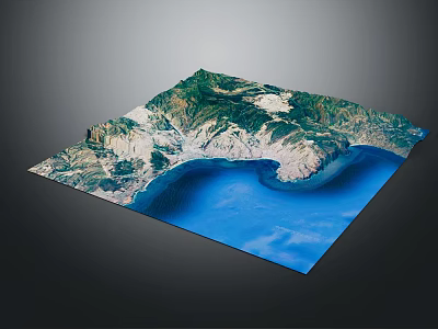Realistic Garden Landscape 3D Model Showcasing Mountainous Terrain Green Vegetation and Blue Water Area 3d model