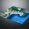 Realistic Garden Landscape 3D Model Showcasing Mountainous Terrain Green Vegetation and Blue Water Area