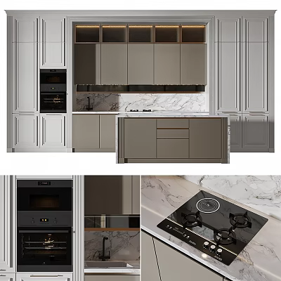 Modern Kitchen With Integrated Cabinet Design Marble Countertop Oven And Gas Stove 3d model