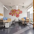 Modern Public Office Space With Open Workstations Computers And Colorful Decorative Walls 3d model